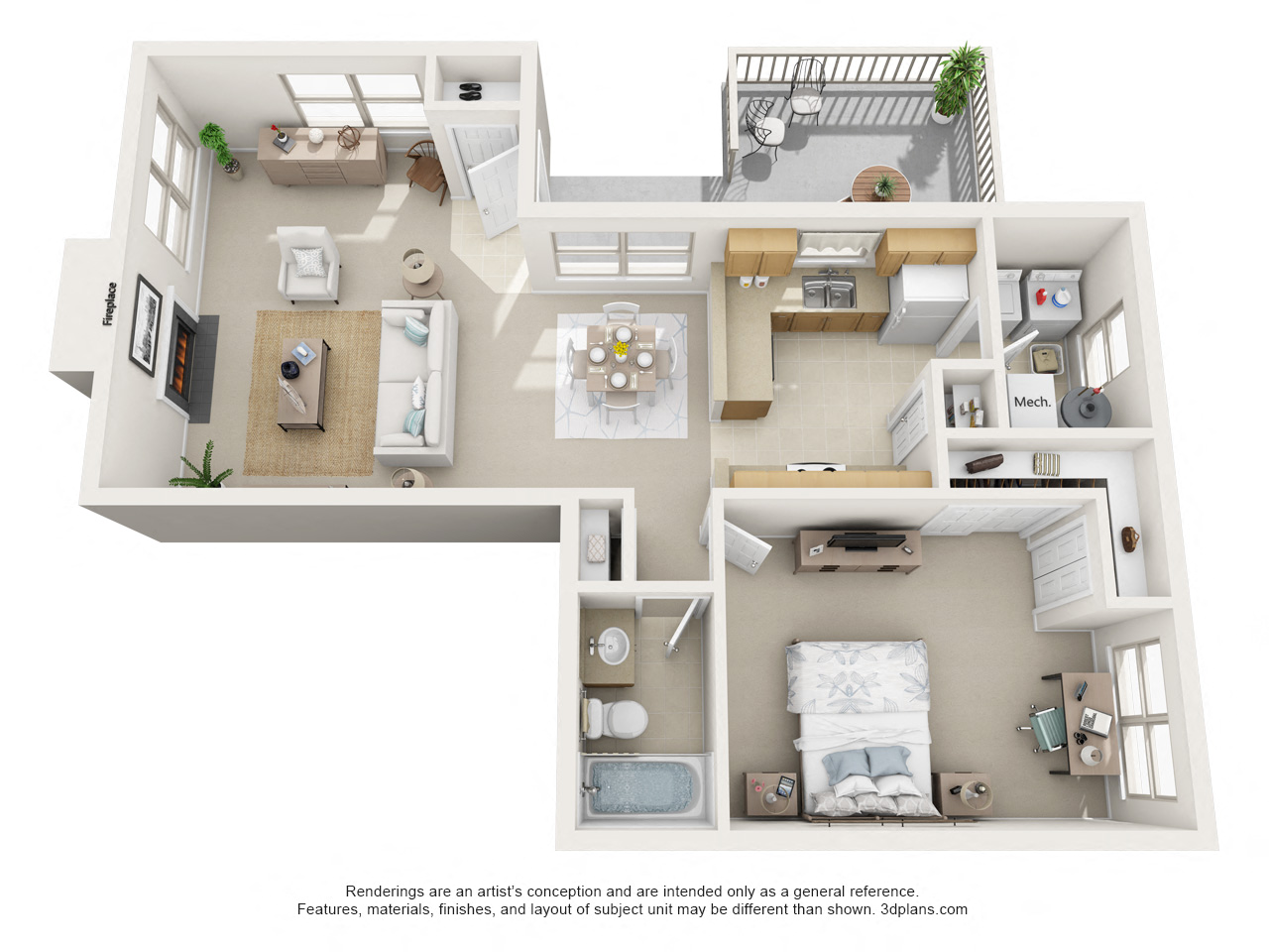 Floor plan for 1 bed, 1 bath, 868 sqft